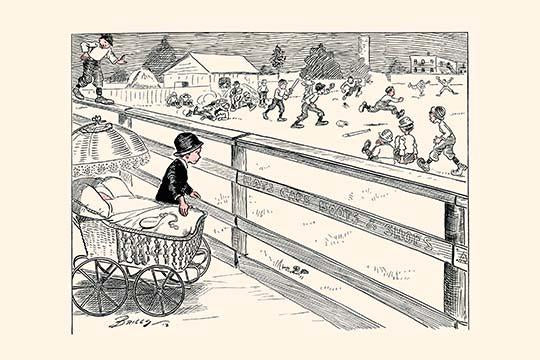 Children playing baseball cartoon by Clare Briggs, nostalgic illustration.