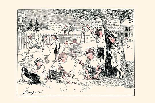 Cartoon print of children playing outside by Clare Briggs, showcasing nostalgic childhood activities.
