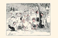 Cartoon print of children playing outside by Clare Briggs, showcasing nostalgic childhood activities.