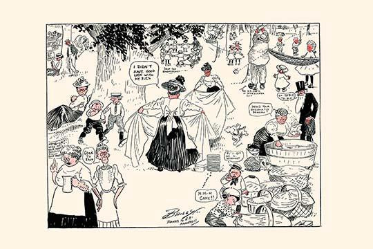 Families Enjoying a Picnic Cartoon Print by Clare Briggs, 1913 illustration.