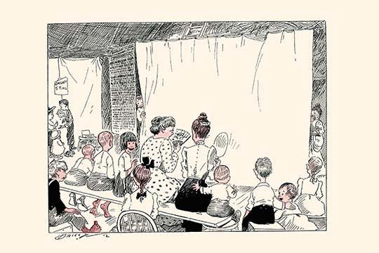 Waiting for the Play cartoon poster print by Clare Briggs, depicting children and parents waiting for a play.