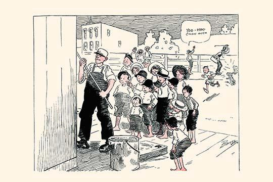 Children watching a man post a banner cartoon print by Clare Briggs.