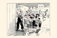 Children watching a man post a banner cartoon print by Clare Briggs.