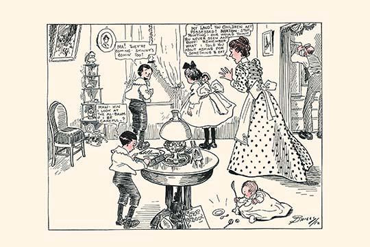 Family Gathering Cartoon Poster Print by Clare Briggs, vintage illustration of a family waiting for guests.