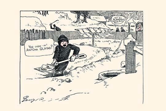 Snow Shoveling Boy Cartoon Print by Clare Briggs, nostalgic illustration for children's decor.