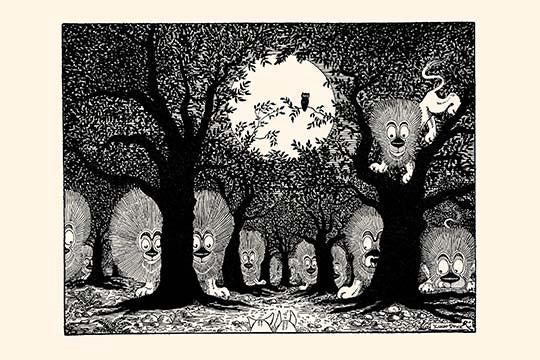 Sounds in the Middle of the Night poster print by Luxor Price, depicting imaginative scene with pigs dreaming of lions.