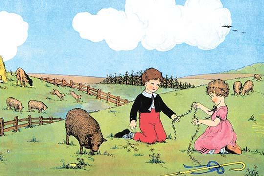 The Little Boy Who Lived Down the Lane poster print by Queen Holden showing a boy and Bo Peep in a meadow.