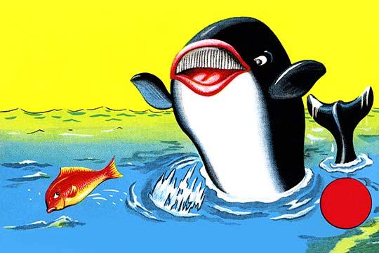 Charming graphic art print of a whale chasing fish, inspired by antique Japanese toy design.