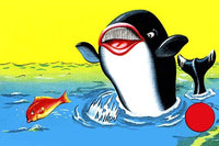 Charming graphic art print of a whale chasing fish, inspired by antique Japanese toy design.