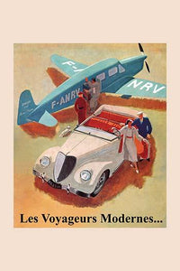 Vintage French advertisement poster print featuring a luxury travel scene with a couple exiting a car.