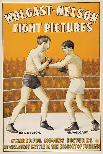 Historic boxing match poster print featuring Nelson vs. Wolgast.