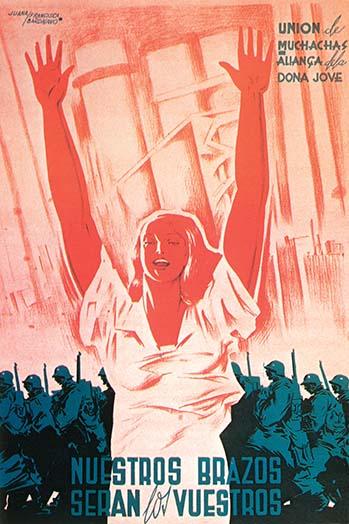 Nuestros Brazons Seran los Vuestros Poster Print featuring a woman uplifting her arms with troops marching in the background.