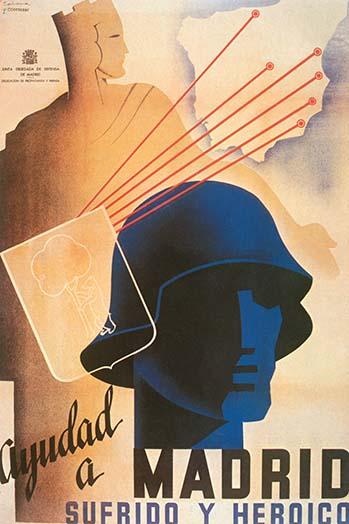 Ayudad a Madrid Sufrido y Heroico Poster Print featuring a soldier, monarchial woman, and map of Spain.