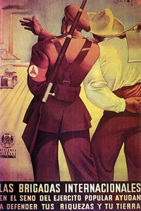 Shoulder to Shoulder poster print featuring a member of the International Brigades looking over a field with a tractor.
