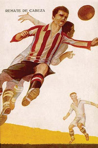 Dynamic poster print of two soccer players attempting a header with the ball.