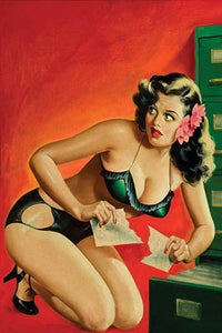 Beautiful Girl in High Heels kneeling by a filing cabinet poster print by Peter Driben