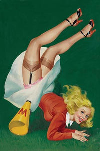 Cheerleader tumbles revealing silk stockings and garter belt with megaphone Poster Print by Peter Driben.