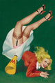 Cheerleader tumbles revealing silk stockings and garter belt with megaphone Poster Print by Peter Driben.
