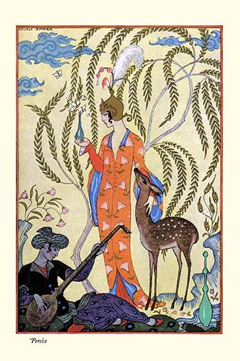 Serenaded Beauty Poster Print by George Barbier featuring a girl, musician-poet, and a doe.