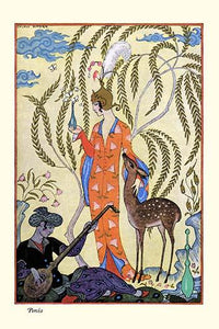 Serenaded Beauty Poster Print by George Barbier featuring a girl, musician-poet, and a doe.