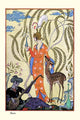 Serenaded Beauty Poster Print by George Barbier featuring a girl, musician-poet, and a doe.
