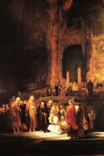 Vintage art reproduction poster print of Christ and the Adultress by Rembrandt van Rijn.