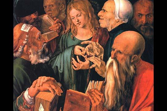 Christ Teaches the Learned Men Poster Print by Albrecht Durer - High-quality art print.