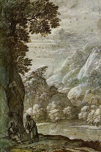 Christs Seduction in Wilderness Poster Print by Claude Lorrain, showcasing a serene landscape.