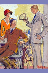 A well-dressed man challenging a friend to a game of tennis poster print.