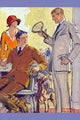 A well-dressed man challenging a friend to a game of tennis poster print.