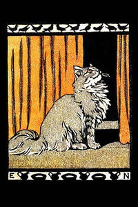 Cat looking up with orange curtains and playful border design featuring birds and pitchers of milk.