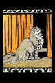 Cat looking up with orange curtains and playful border design featuring birds and pitchers of milk.