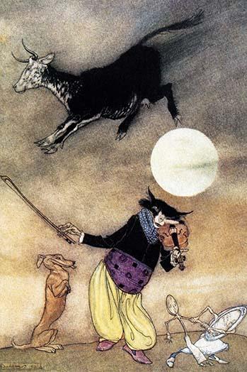 The Cat and the Fiddle poster print by Arthur Rackham, showcasing whimsical nursery rhyme illustration.