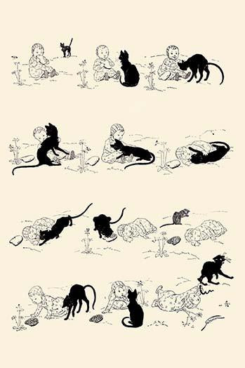 Cat playing with a toddler, charming poster print by Theophile Steinlen.
