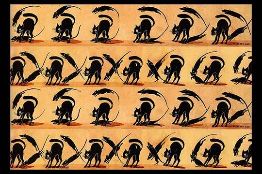 Zoetrope trip poster featuring two mice teasing a cat, colorful and whimsical design.