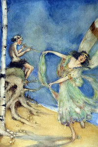 Fairy dancing to music on a pan flute illustration poster print by Frances Comstock.