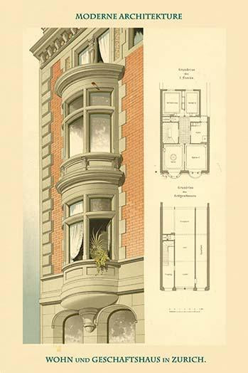 Vintage art print Home & Business in Zurich by H. Ernst.