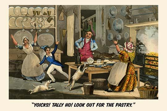 Dogs racing to the table for a hot pie, poster print by Henry Alken.