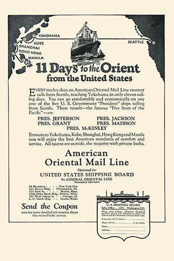 Vintage poster print of American Oriental Mail Line Steamers traveling to Japan, China, Southeast Asia.
