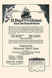 Vintage poster print of American Oriental Mail Line Steamers traveling to Japan, China, Southeast Asia.