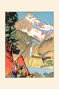 Yellowstone Park travel advertisement poster print showcasing horseback and train routes.