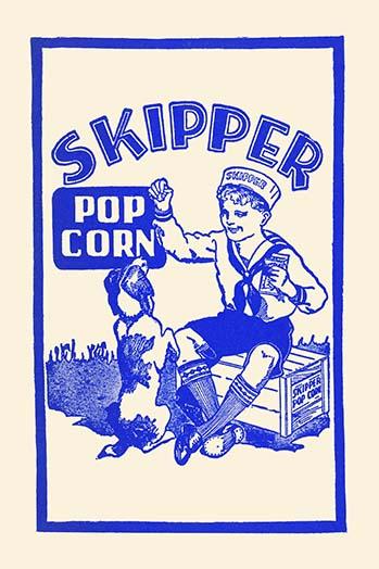Popcorn Carnival Poster Print featuring a boy in a sailor outfit teaching a dog tricks with popcorn.