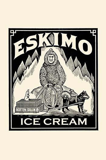 Eskimo ice cream advertising poster featuring a sled dog and master.