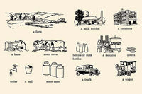 Milk Journey Educational Poster Print illustrating the process from farm to table.