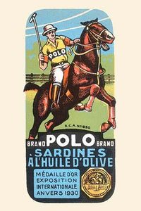 Award-winning sardine can label poster print featuring a polo player in olive oil packaging