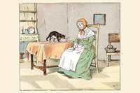Poor Mrs. Blaize Poster Print by Randolph Caldecott featuring a woman feeding her cat.