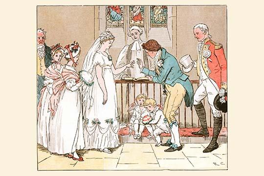 The Wedding Ceremony to the Barber art print by Randolph Caldecott, showcasing a whimsical illustration.