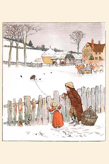 Four & Twenty Blackbirds Poster Print by Randolph Caldecott depicting children looking at blackbirds in the snow.