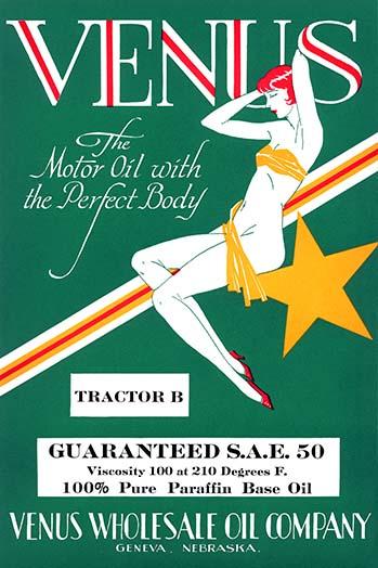 Venus Motor Oil vintage advertising poster featuring pin-up girl
