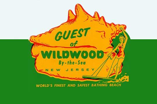 Vintage Wildwood New Jersey luggage label poster print featuring a woman surfing.